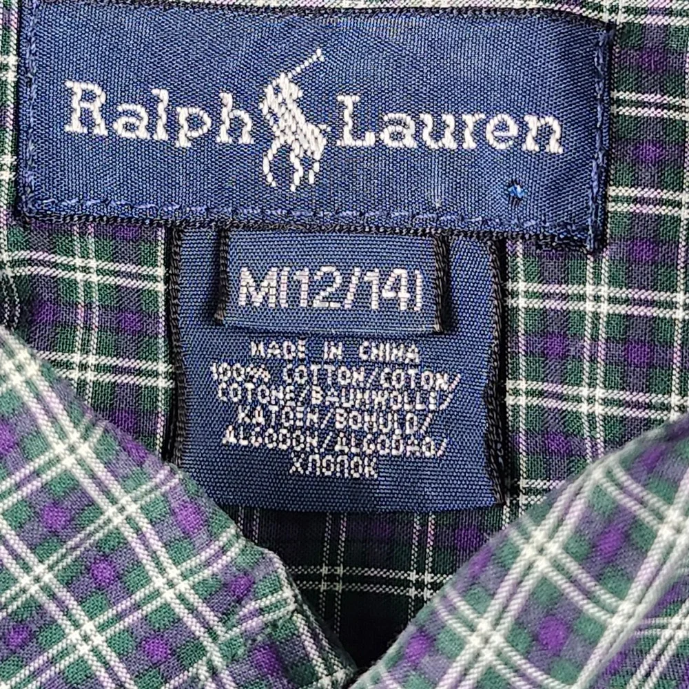 Ralph Lauren Button Down Shirt Boys M 12/14 Green Purple Plaid Pony Logo School